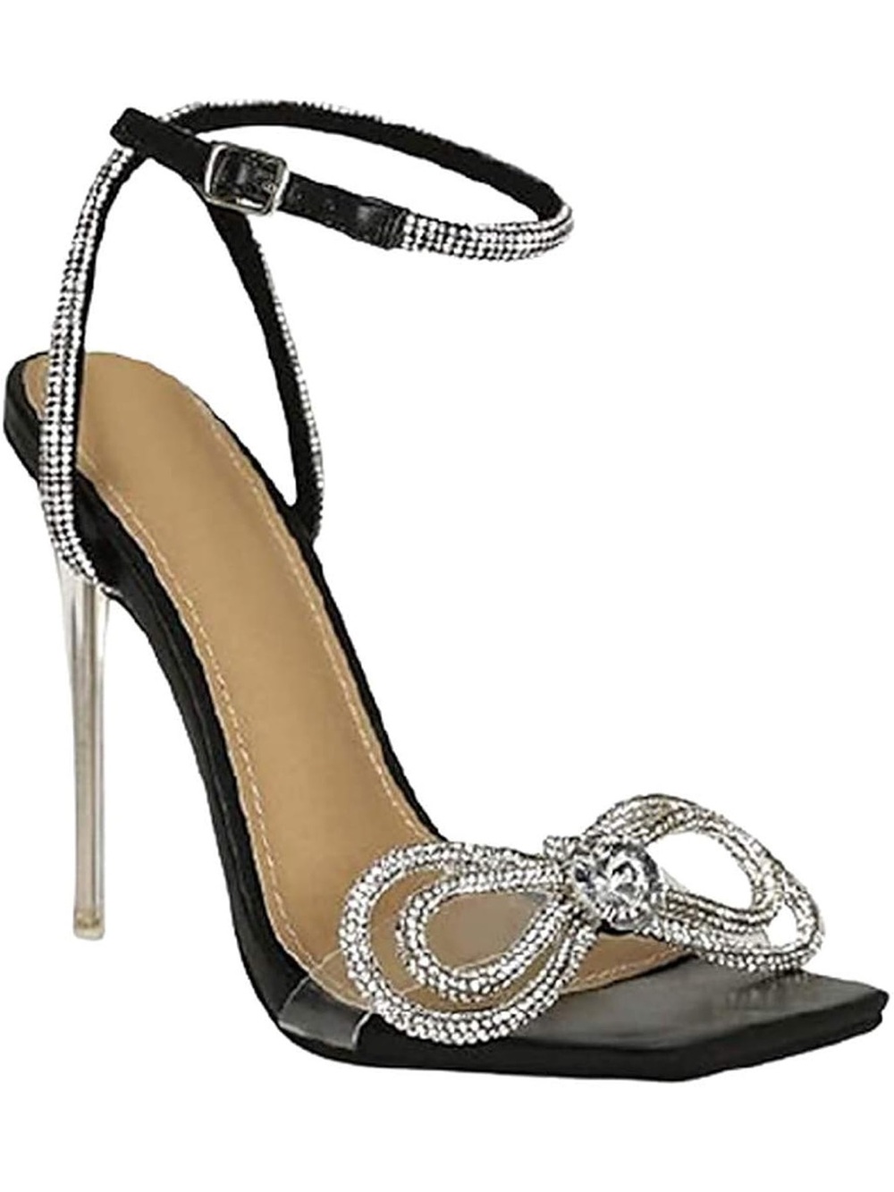 Amazon Black Rhinestone Bow Ankle-Strap Stiletto Sandals